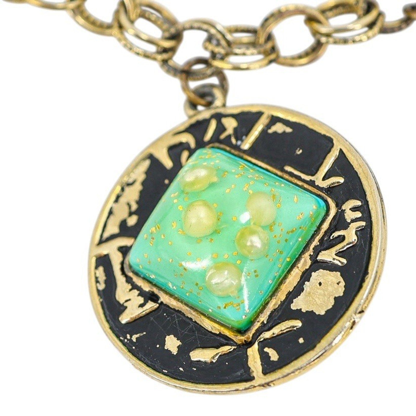 Bold Vintage Charm Bracelet Large Confetti-Style Lucite Resin Green Cabochons