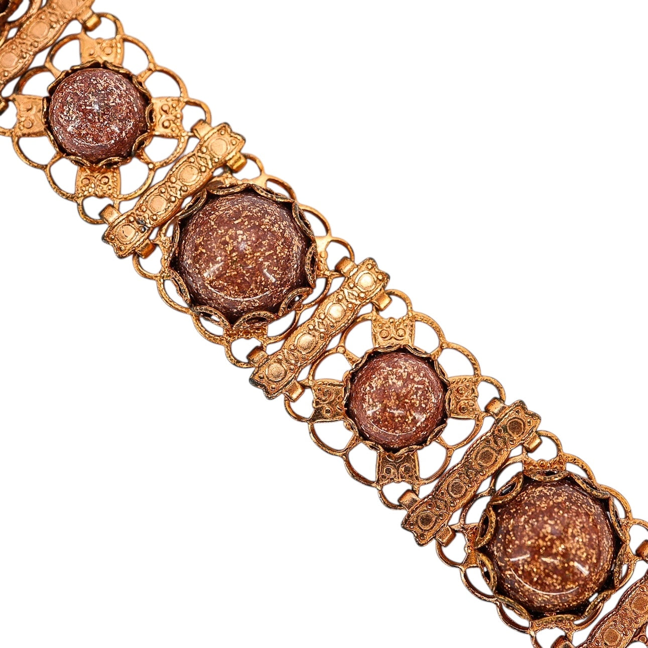 Vintage Copper Filigree Bracelet with Goldstone Art Glass Cabochons
