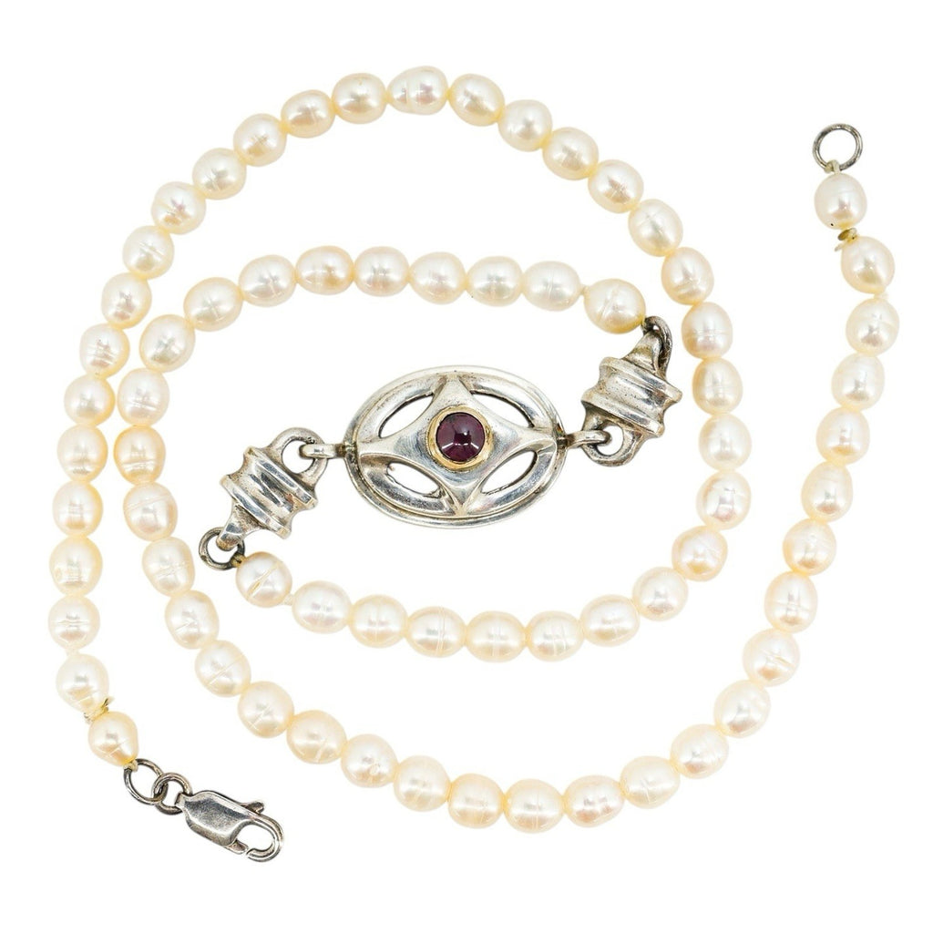 Artisan Sterling Silver & Freshwater Pearl Necklace W Garnet Centerpiece 18”