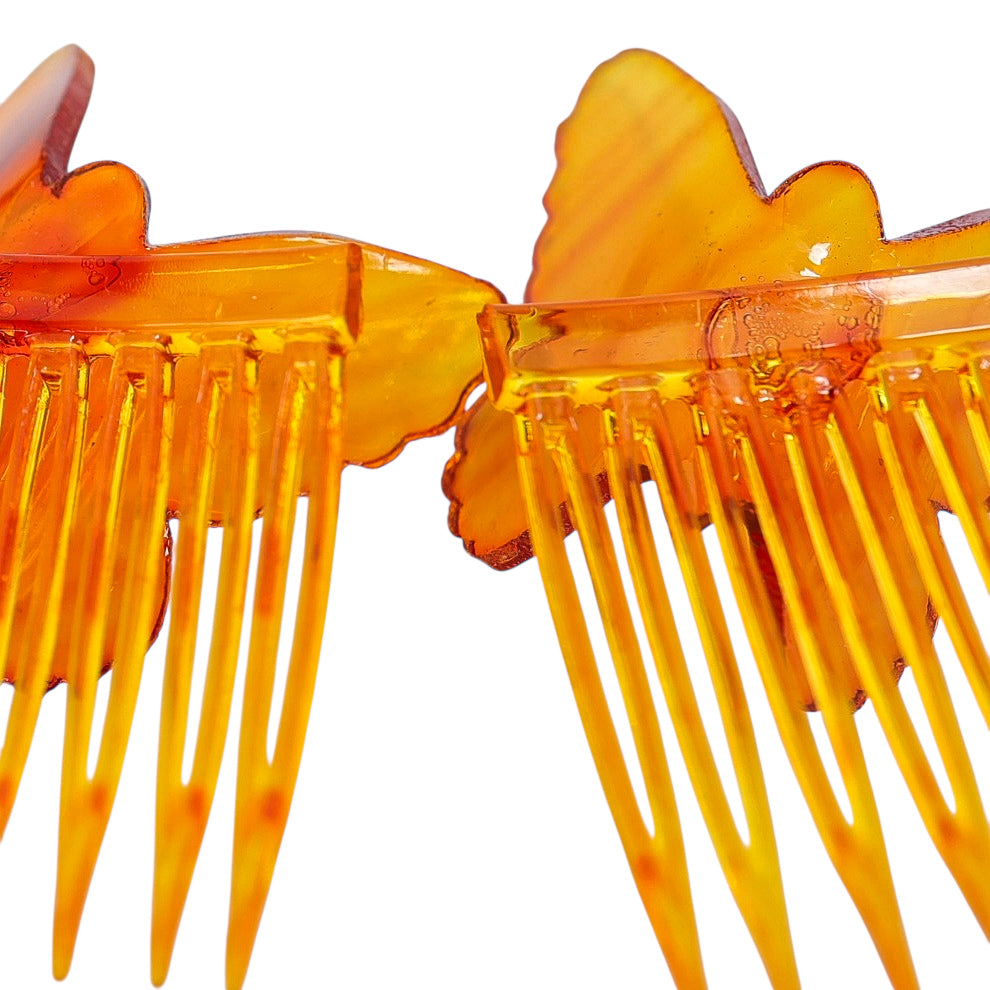 Vintage Amber Celluloid Butterfly Hair Combs, Made in USA – 1940s Factory-Split Pair from Single Mold