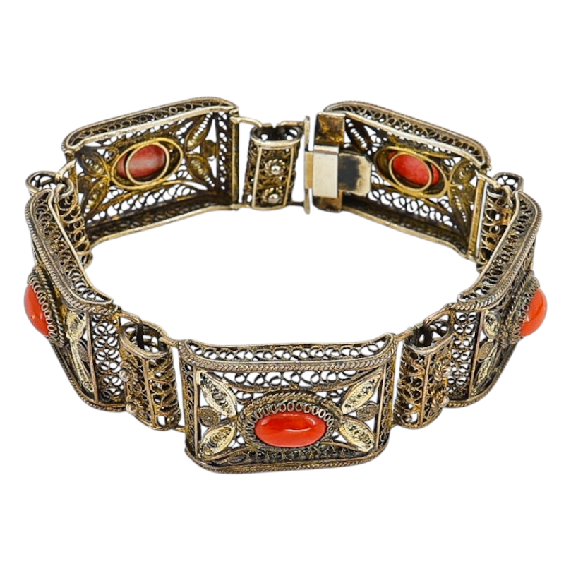Vintage 1930s Italian Gilded 800 Silver Filigree Bracelet with Natural Coral – Firenze Maker