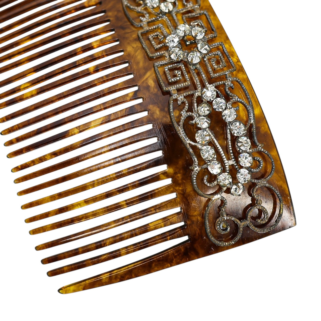 Vintage Art Deco Faux Tortoise Acetate Hair Comb Applied Filigree & Rhinestones