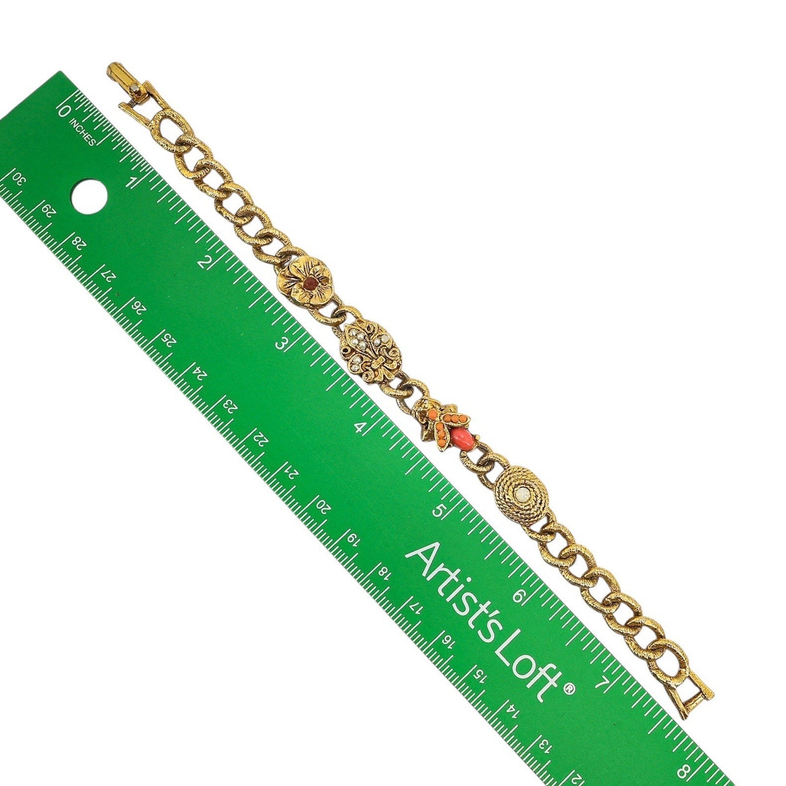 Vintage Gold-Tone Link Bracelet w Insect & Floral Charms Victorian Revival 7.5”