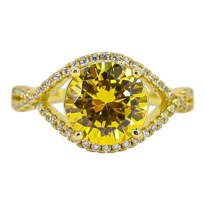 Sterling Silver Yellow Cubic Zirconia Statement Ring – Pave Split Shank Design - Size 8