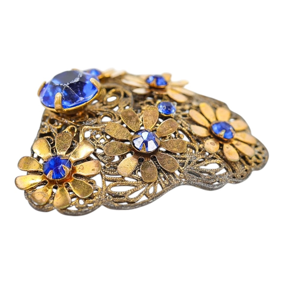 Vintage 1930s Blue Rhinestone Filigree Brass Flora Fur Clip / Dress Clip