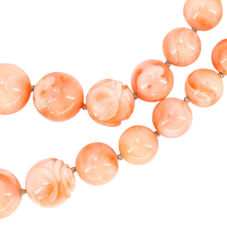 Salmon Pink Peach Momo Coral Necklace - New Strung w NOS Beads - 40g 18”