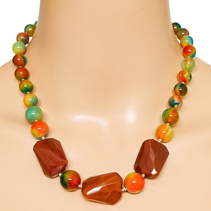 Bold Statement Multicolor Vintage Rainbow Agate Bead Necklace Adjustable Length