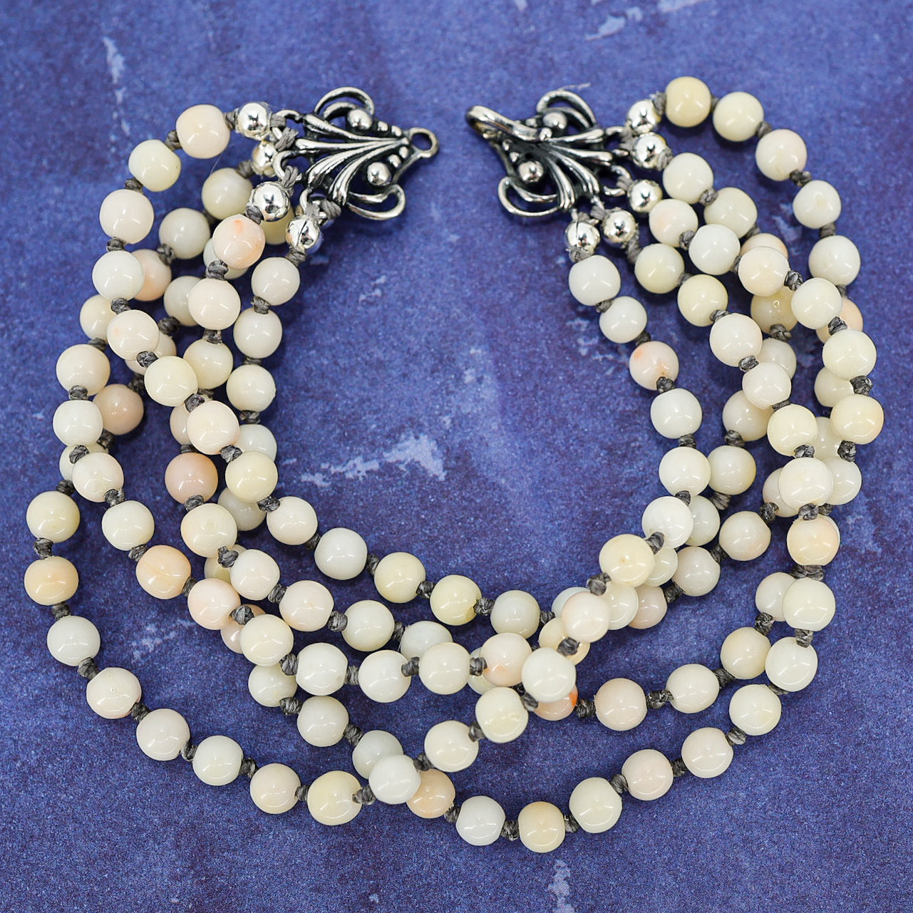 OOAK Vintage Style 5-Strand Angel Skin Coral Bracelet Ornate Sterling Clasp 8 In