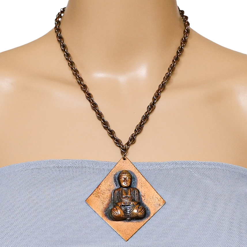 Vintage Handcrafted Copper Pendant Necklace – Raised Buddha Design MCM