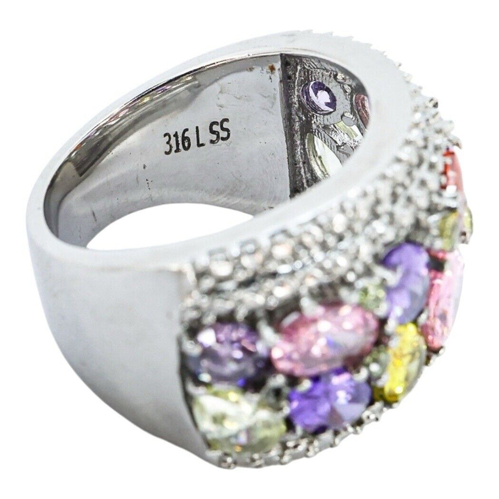 Large Statement Cocktail Ring Stainless Steel Multicolor Clustered Crystals Sz 8