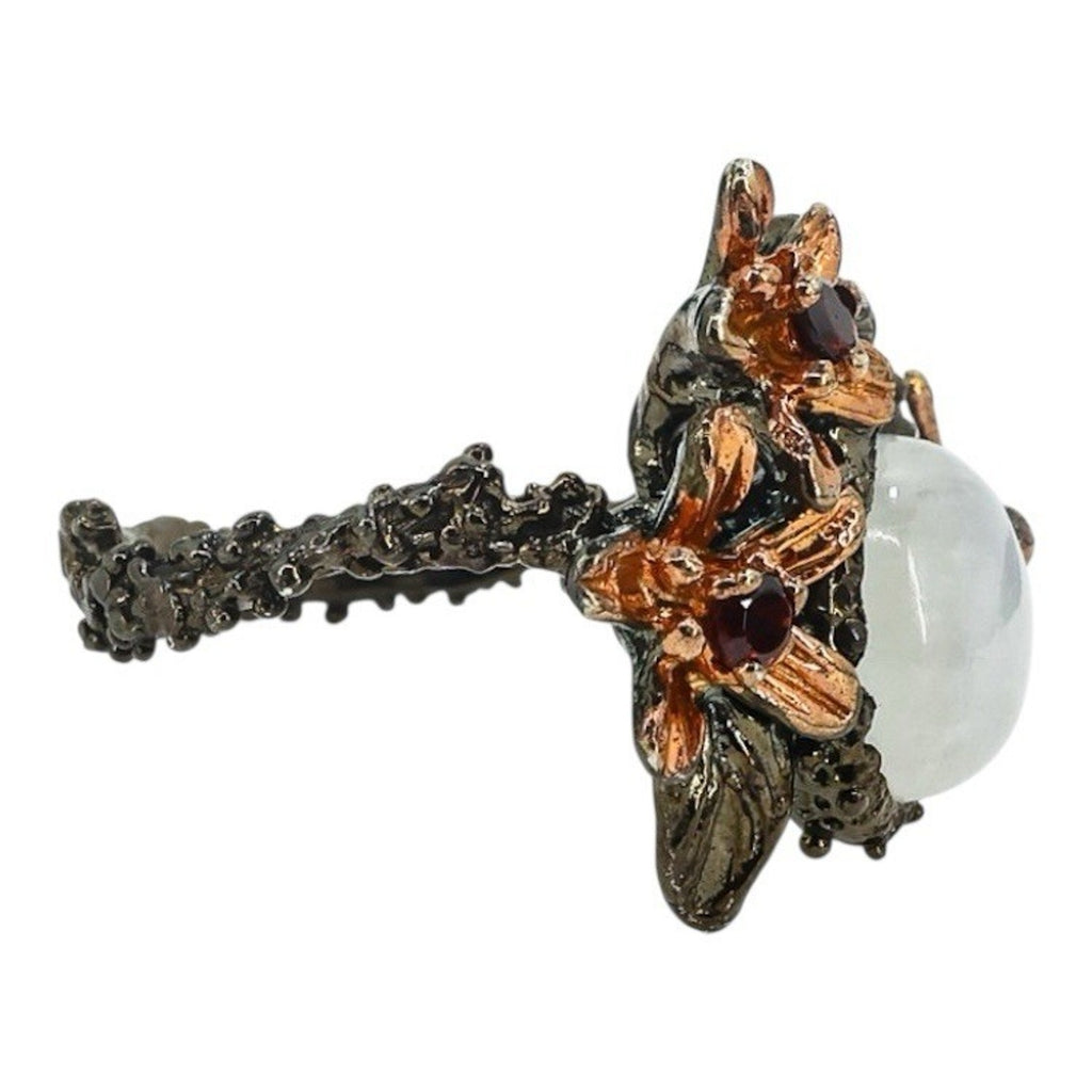 Sterling Silver Whimsical Garden Ring W Moonstone Flowers & Butterfly Size 8.5