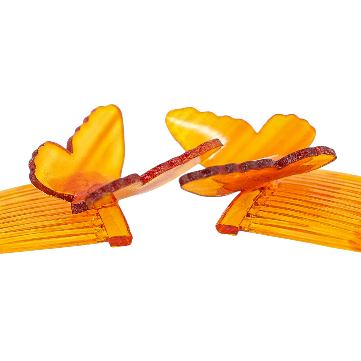 Vintage Amber Celluloid Butterfly Hair Combs, Made in USA – 1940s Factory-Split Pair from Single Mold