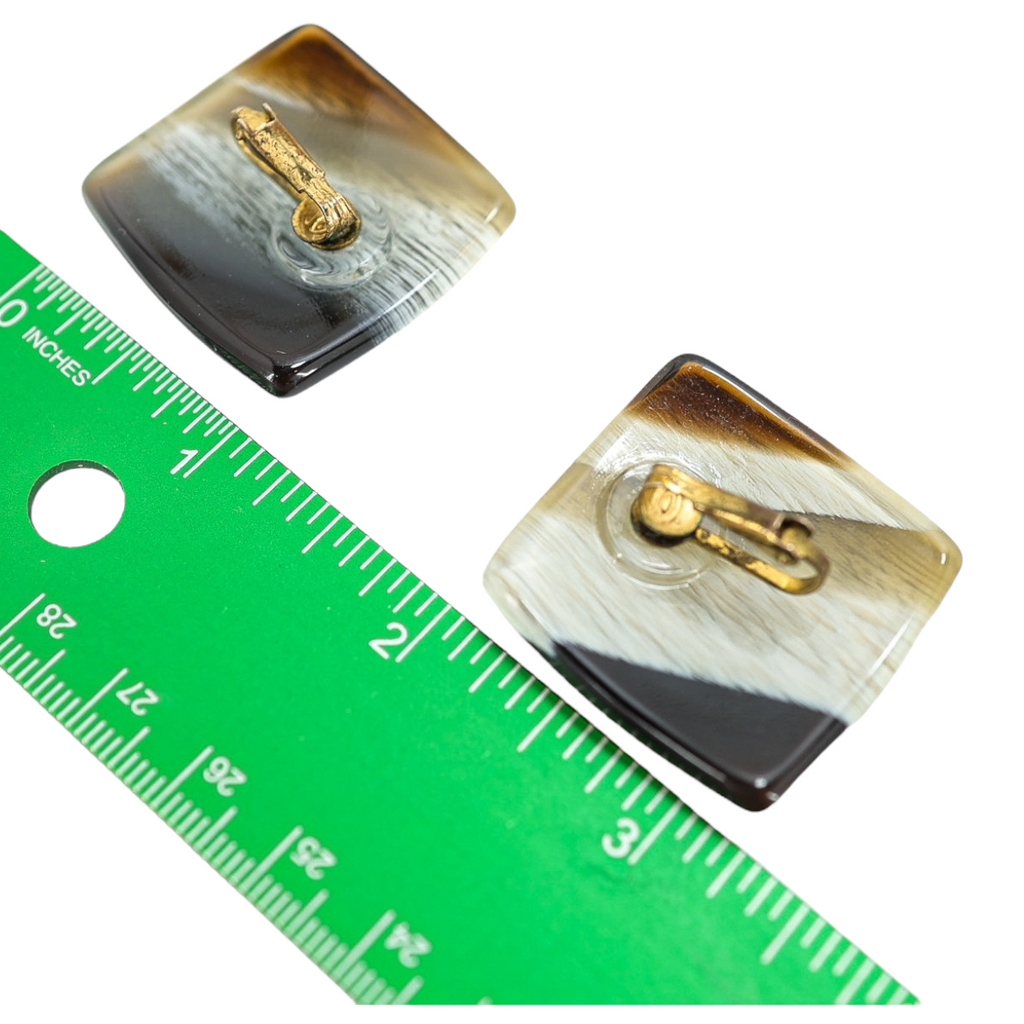 Vintage Faux Horn Square Lucite Clip On Earrings High Gloss MCM Style