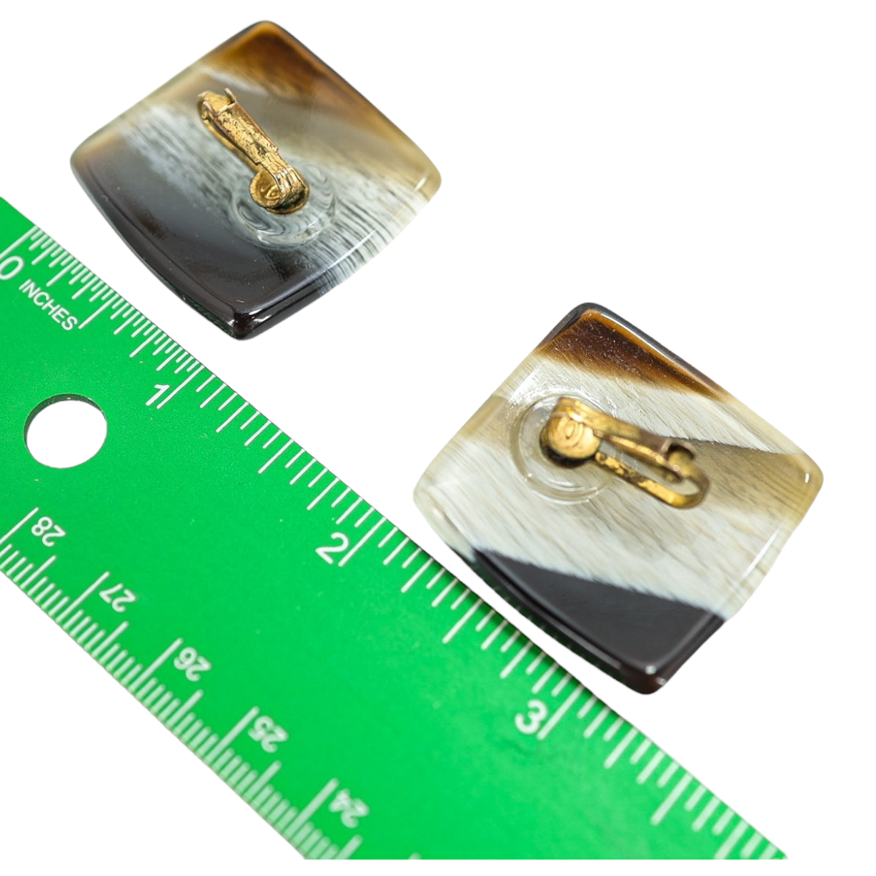 Vintage Faux Horn Square Lucite Clip On Earrings High Gloss MCM Style