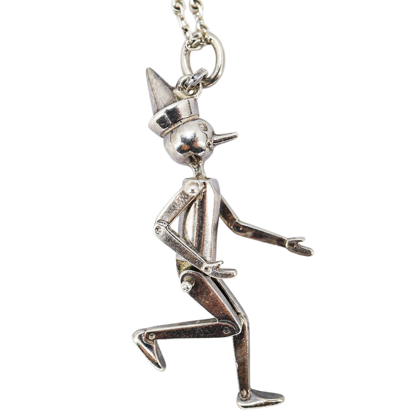 Vintage Sterling Silver Articulated Pinocchio Puppet Pendant Necklace
