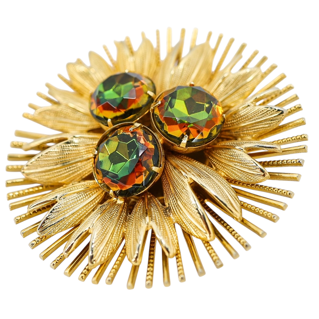 Large Vintage Watermelon Glass Rhinestone Brooch - Starburst Design