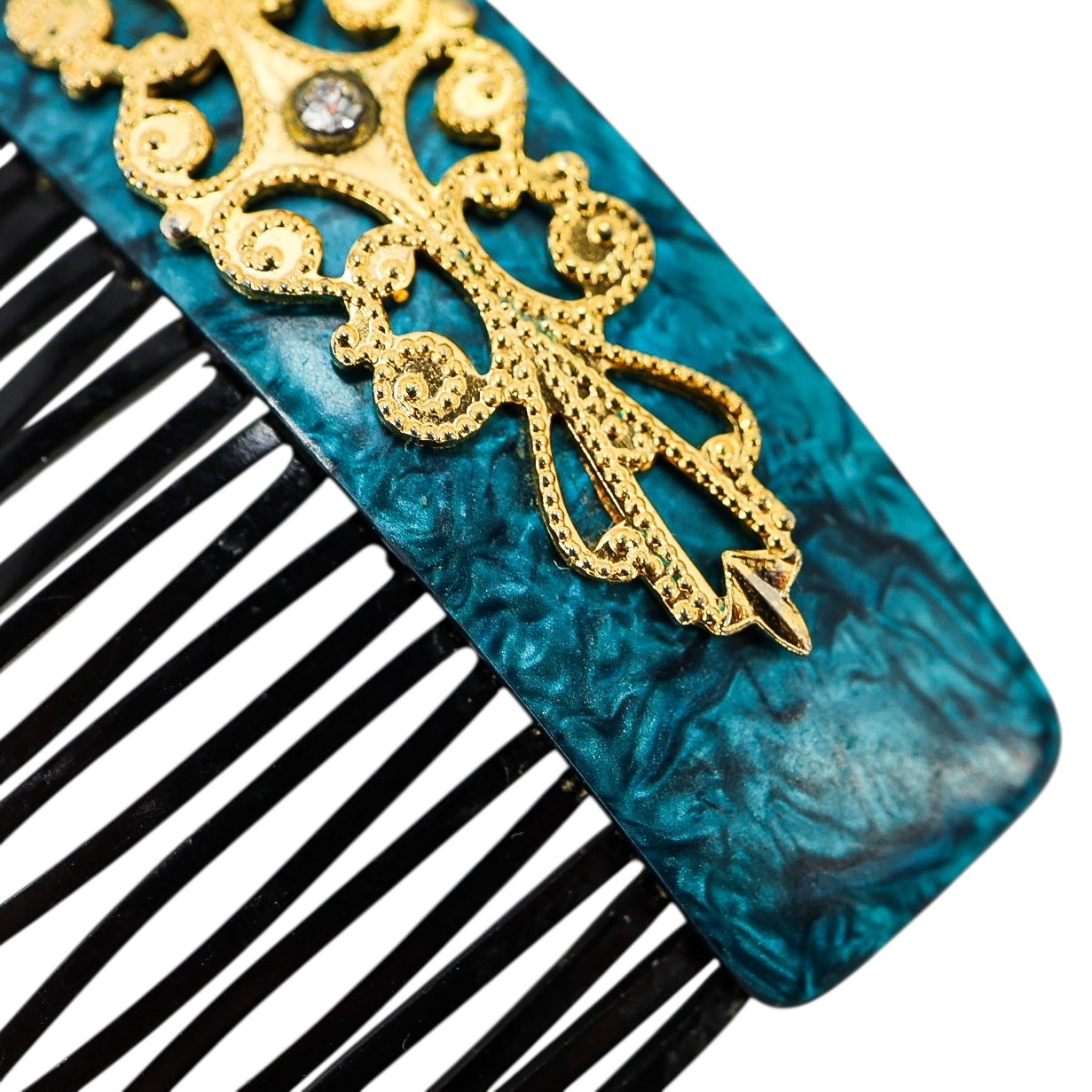 Vintage 30s–50s French Hair Comb Teal Marbled Acetate Applied Filigree