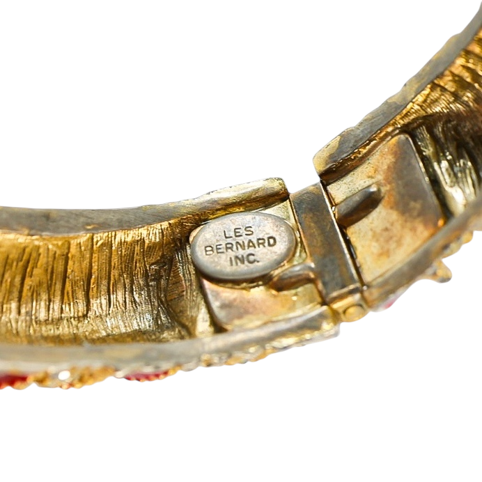 Vintage 1980s Les Bernard Red Enamel & Crystal Swirl Bangle Bracelet