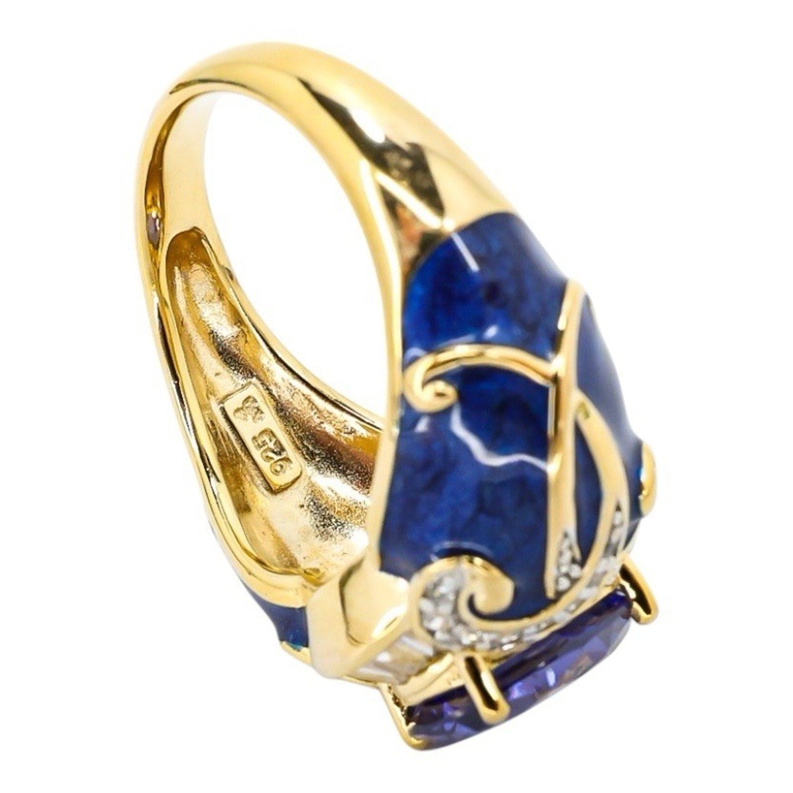 925 Blue Enamel & CZ Crystal Gold Vermeil Sterling Ring Palazzo Style