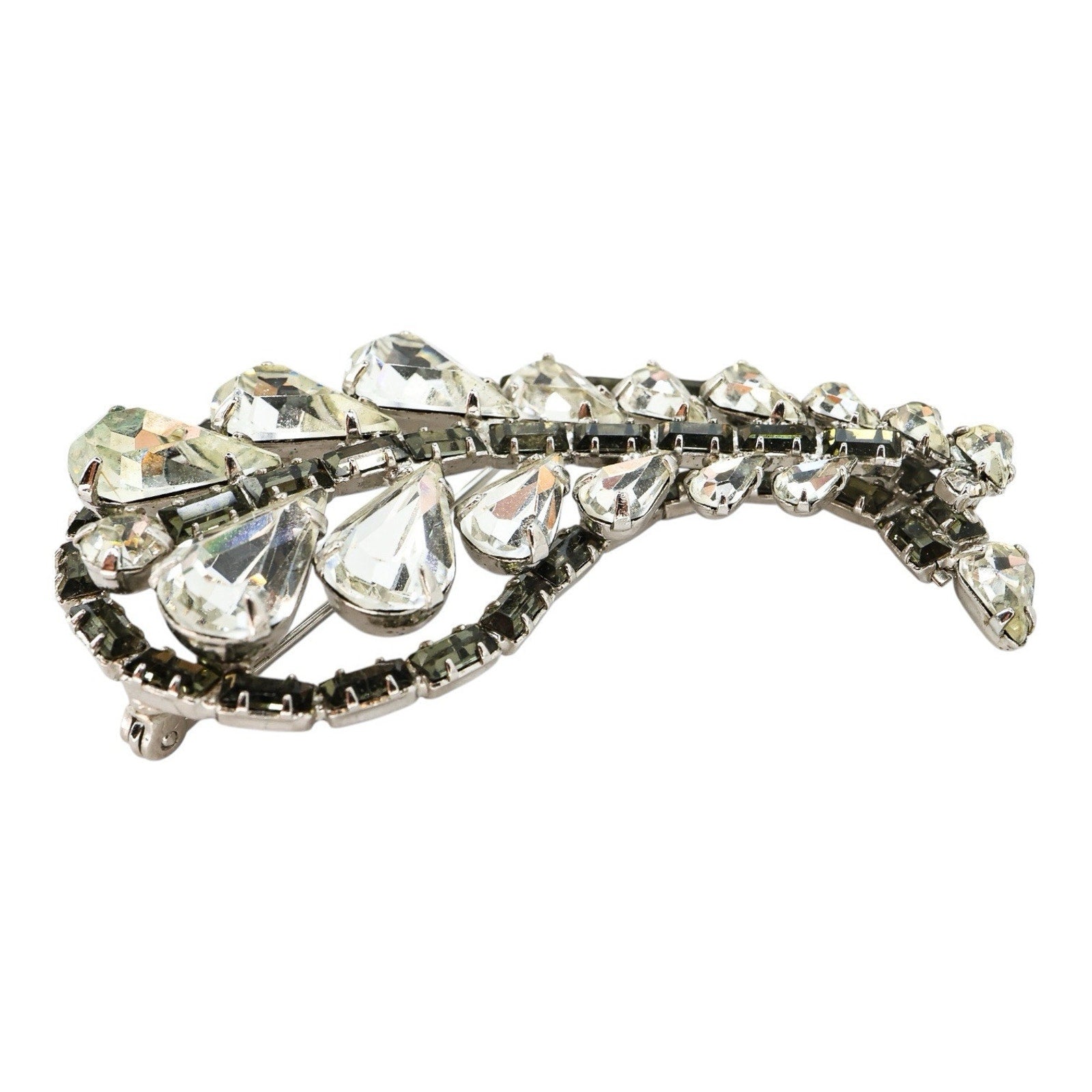Large Vintage Mid Century Gray Smoky Clear Rhinestone Brooch Leaf Shape 2.25”