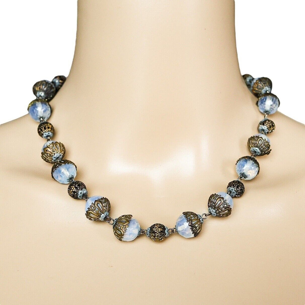 Vintage Czech Opaline Faceted Glass Beaded Necklace W Filigree Cups