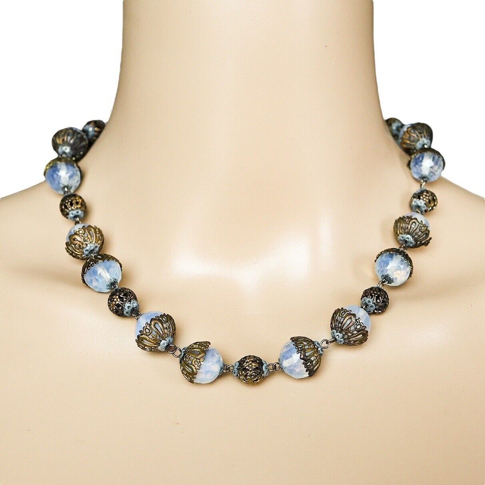 Vintage Czech Opaline Faceted Glass Beaded Necklace W Filigree Cups