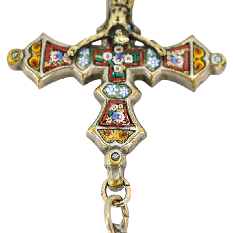 Vintage Italian Micro Mosaic Crucifix Pendant Necklace