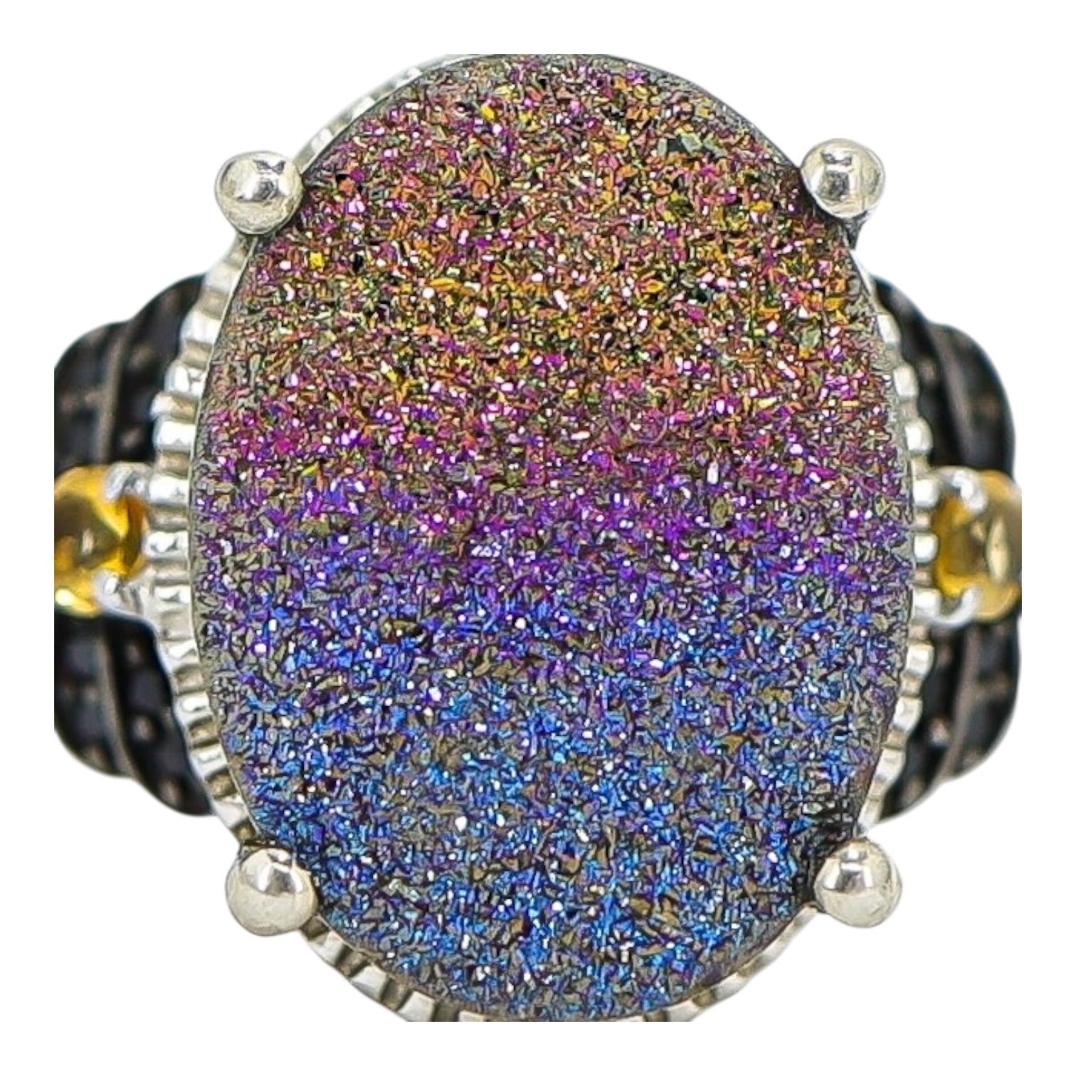 Signed STS Sterling Silver Rainbow Druzy Quartz Statement Ring – Size 7