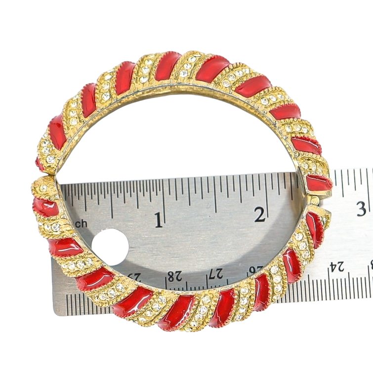 Vintage 1980s Les Bernard Red Enamel & Crystal Swirl Bangle Bracelet
