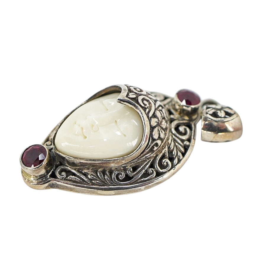 Vintage Sterling Silver Carved Face Pendant – Boho Bali Style