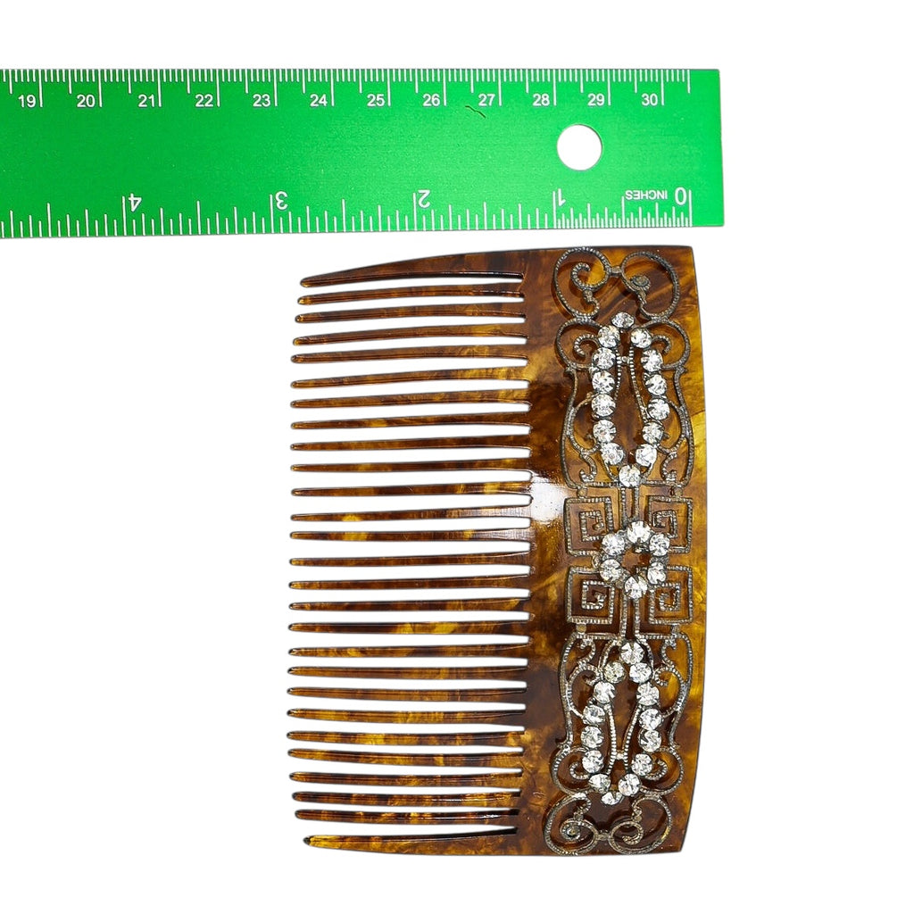 Vintage Art Deco Faux Tortoise Acetate Hair Comb Applied Filigree & Rhinestones