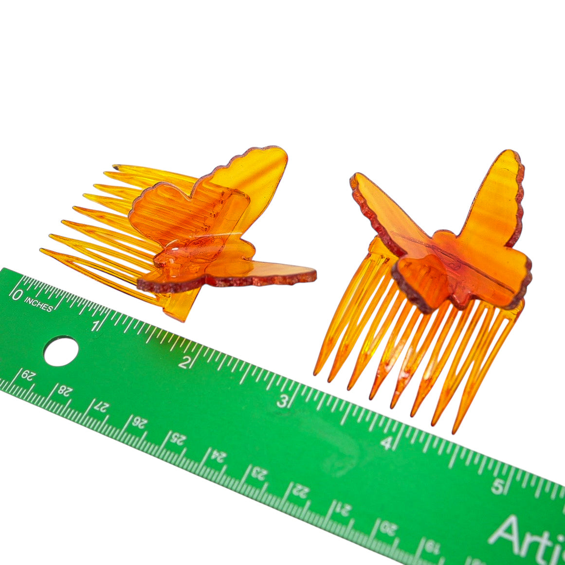 Vintage Amber Celluloid Butterfly Hair Combs, Made in USA – 1940s Factory-Split Pair from Single Mold