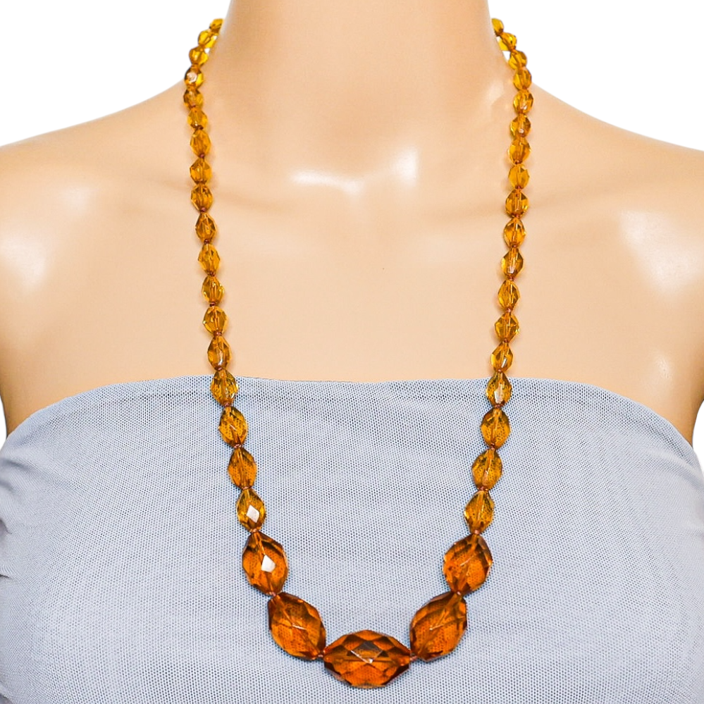 Vintage Faceted Amber Glass Bead Necklace – Hand Knotted Graduated Beads, 1930s Czech Style