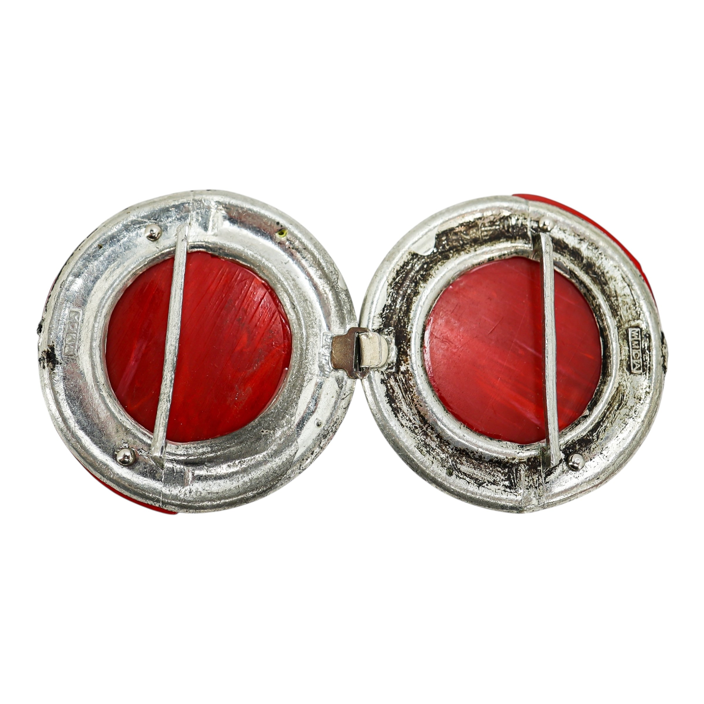 Vintage Art Deco Red Galalith And Clear Rhinestones Belt Buckle / Coat Clip - Signed WMCA