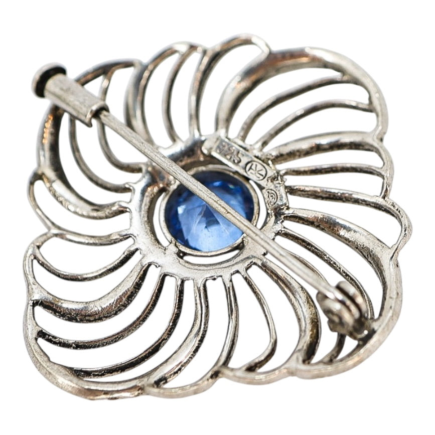 Vintage-Style Sterling Silver 925 Marcasite Flower Brooch - Blue Faceted Glass Center, 1.5”