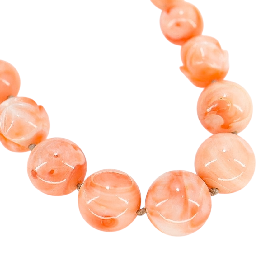Salmon Pink Peach Momo Coral Necklace - New Strung w NOS Beads - 40g 18”