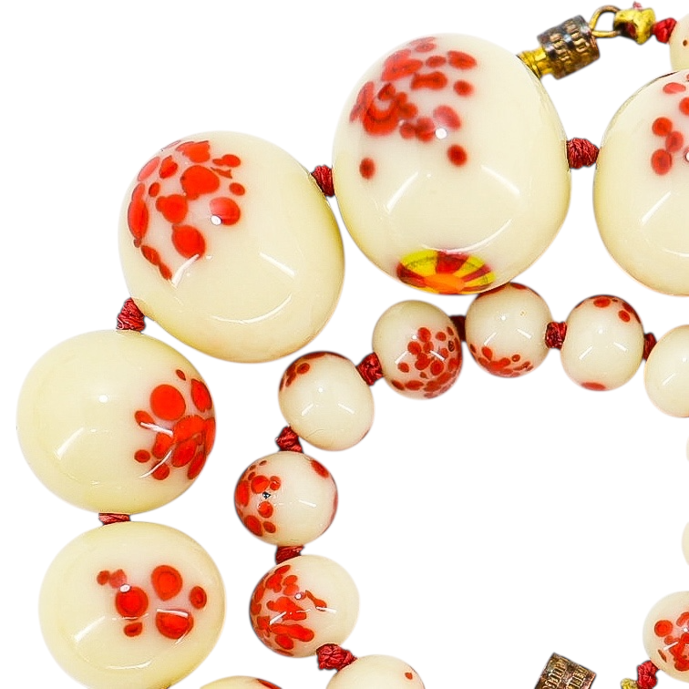 Vintage 1930s Venetian Custard Uranium Glass Necklace – Red Frit Beads, UV Reactive