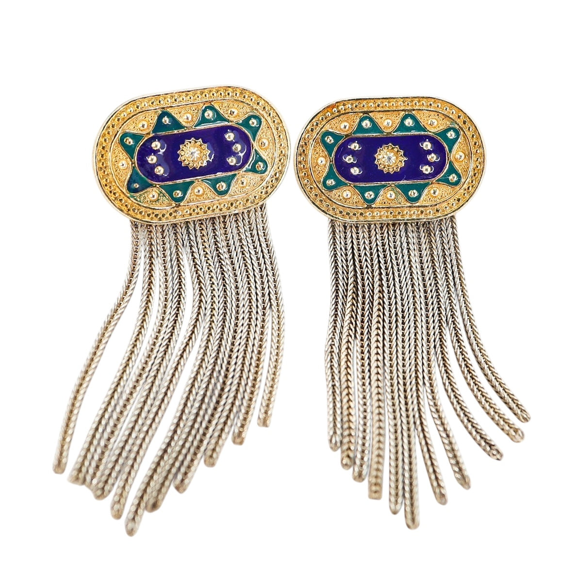 Vintage BANU 925 Enamel Tassel Earrings Turkish Ottoman Revival Jewelry