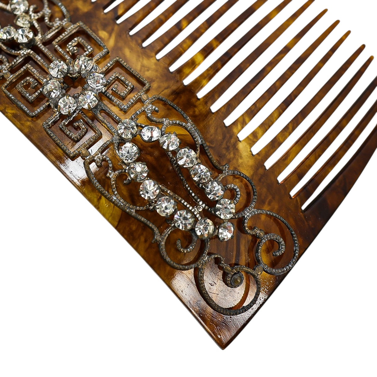 Vintage Art Deco Faux Tortoise Acetate Hair Comb Applied Filigree & Rhinestones