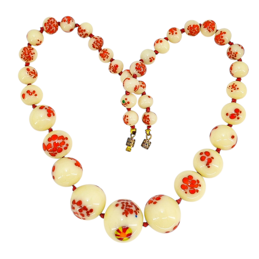 Vintage 1930s Venetian Custard Uranium Glass Necklace – Red Frit Beads, UV Reactive