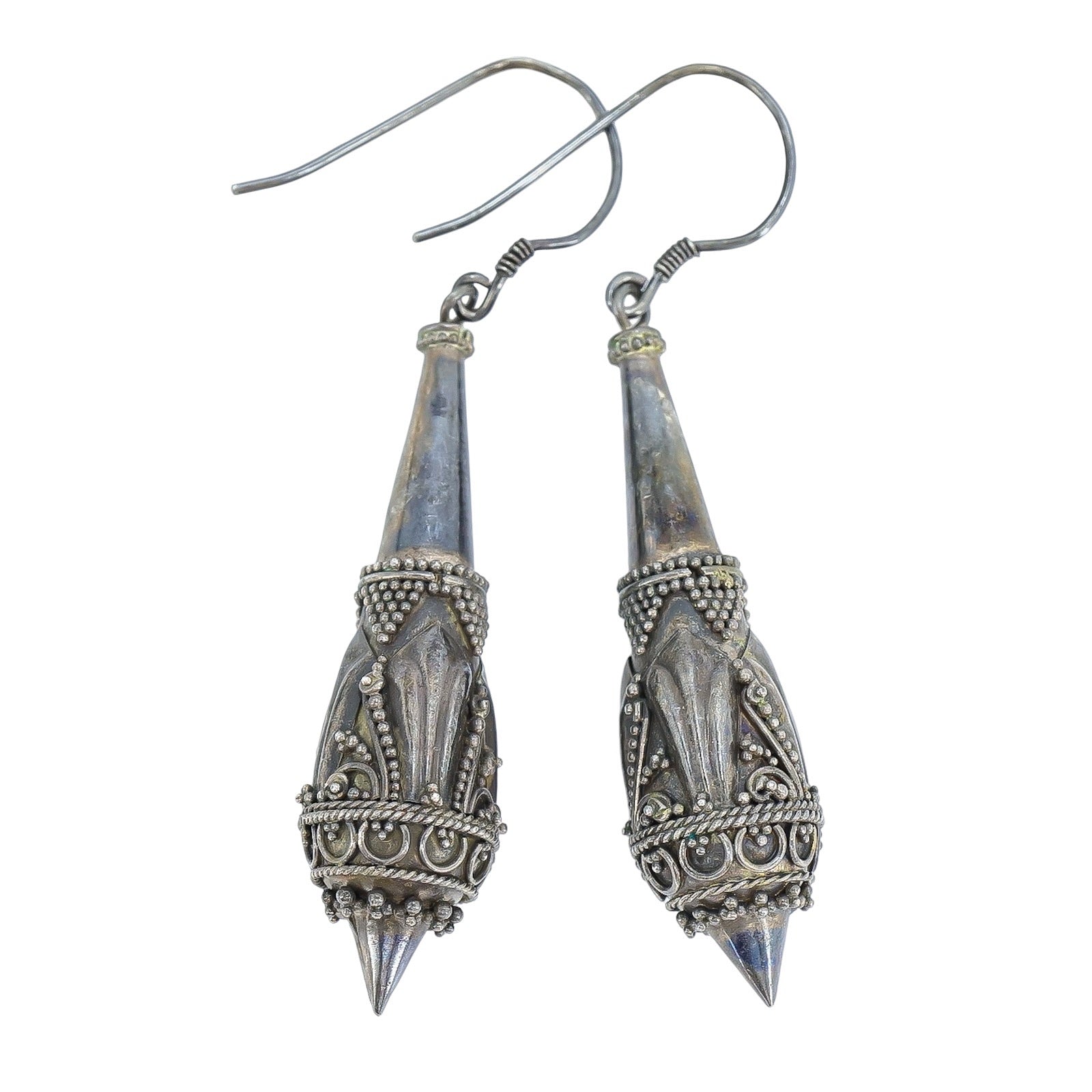Ornate Artisan Silverwork Sterling Silver Dangle Drop Earrings Large