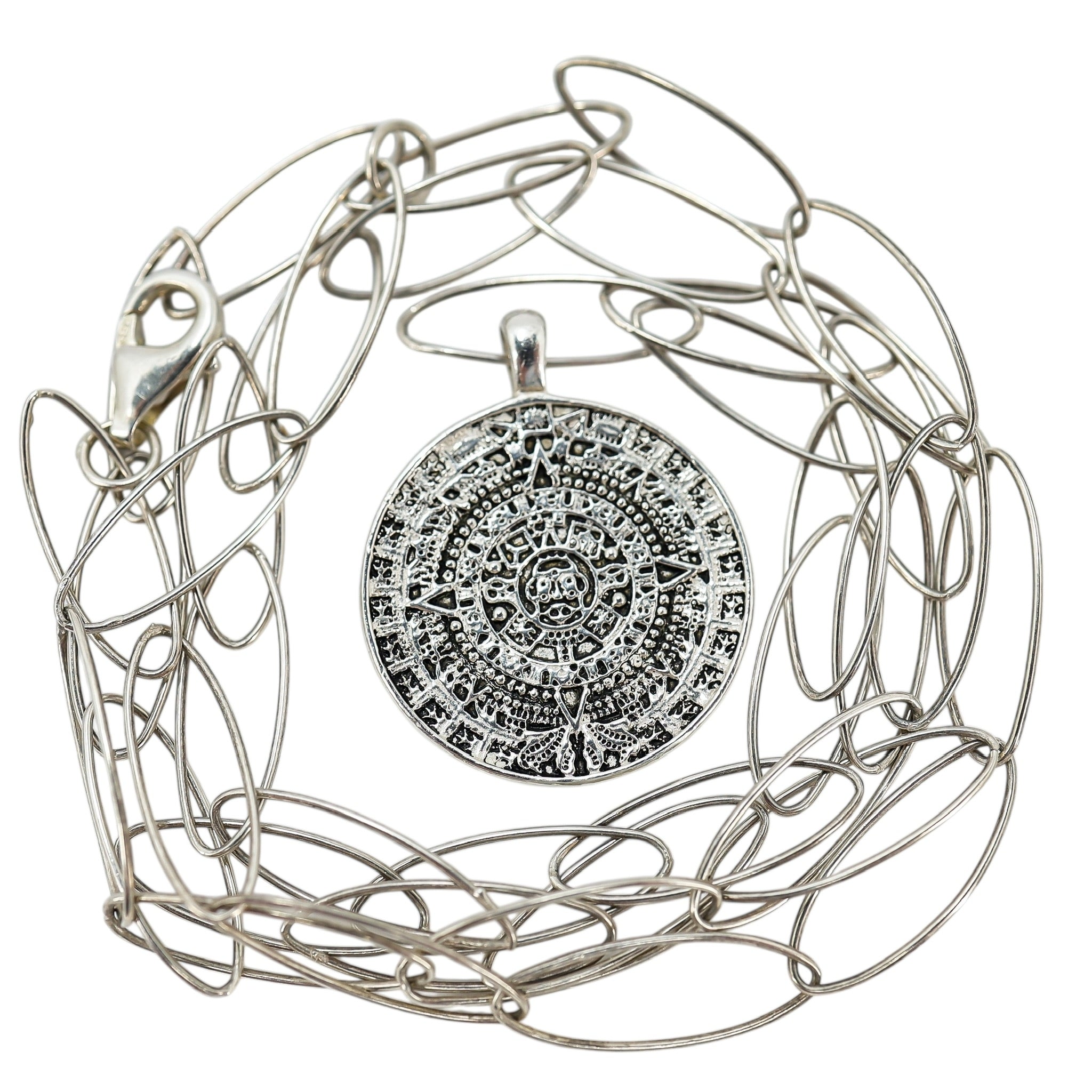 Aztec Calendar Pendant Necklace On Paperclip Chain - Vintage Sterling Handcrafted