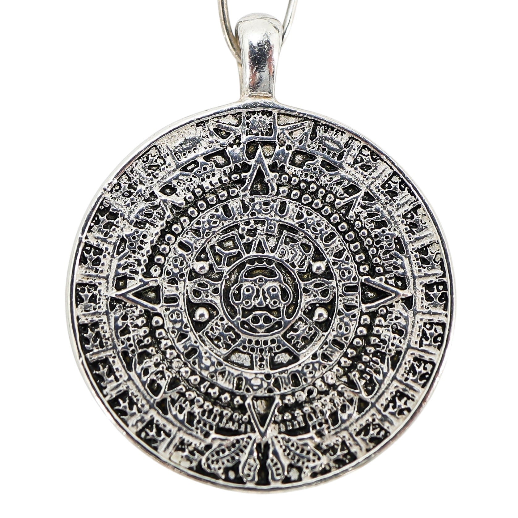 Vintage Handcrafted Sterling Aztec Calendar Pendant Necklace On Paperclip Chain