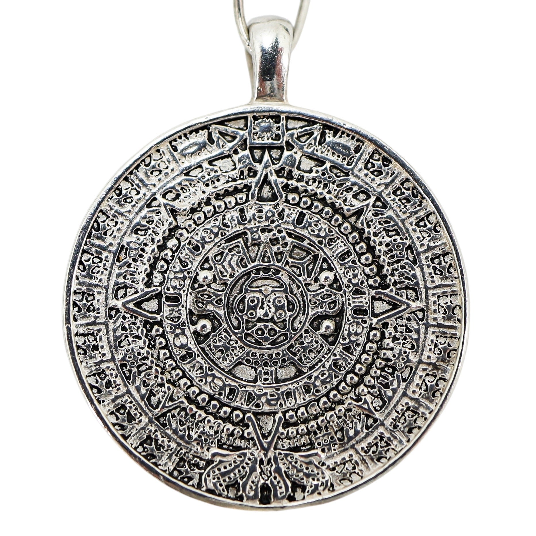 Vintage Handcrafted Sterling Aztec Calendar Pendant Necklace On Paperclip Chain
