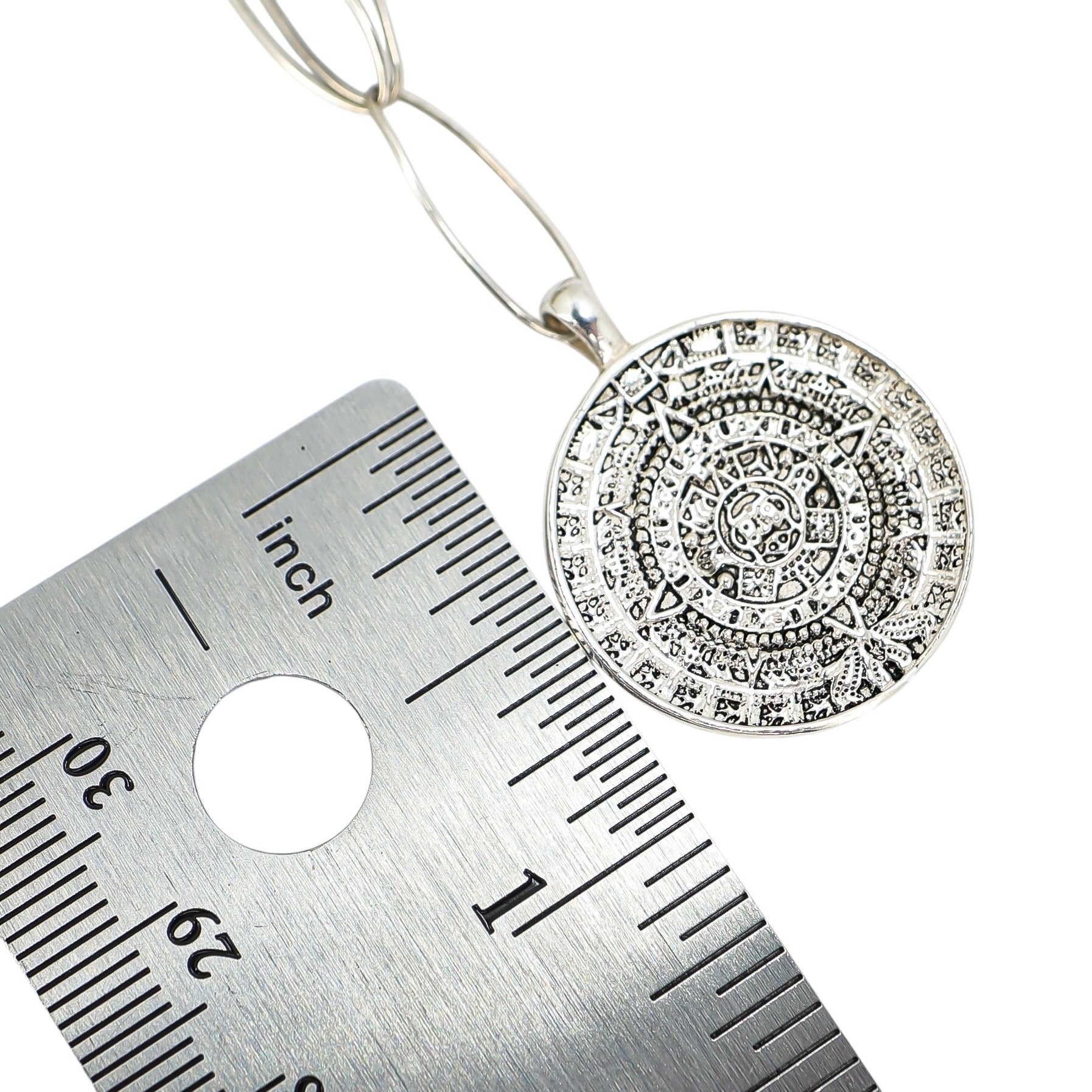 Vintage Handcrafted Sterling Aztec Calendar Pendant Necklace On Paperclip Chain