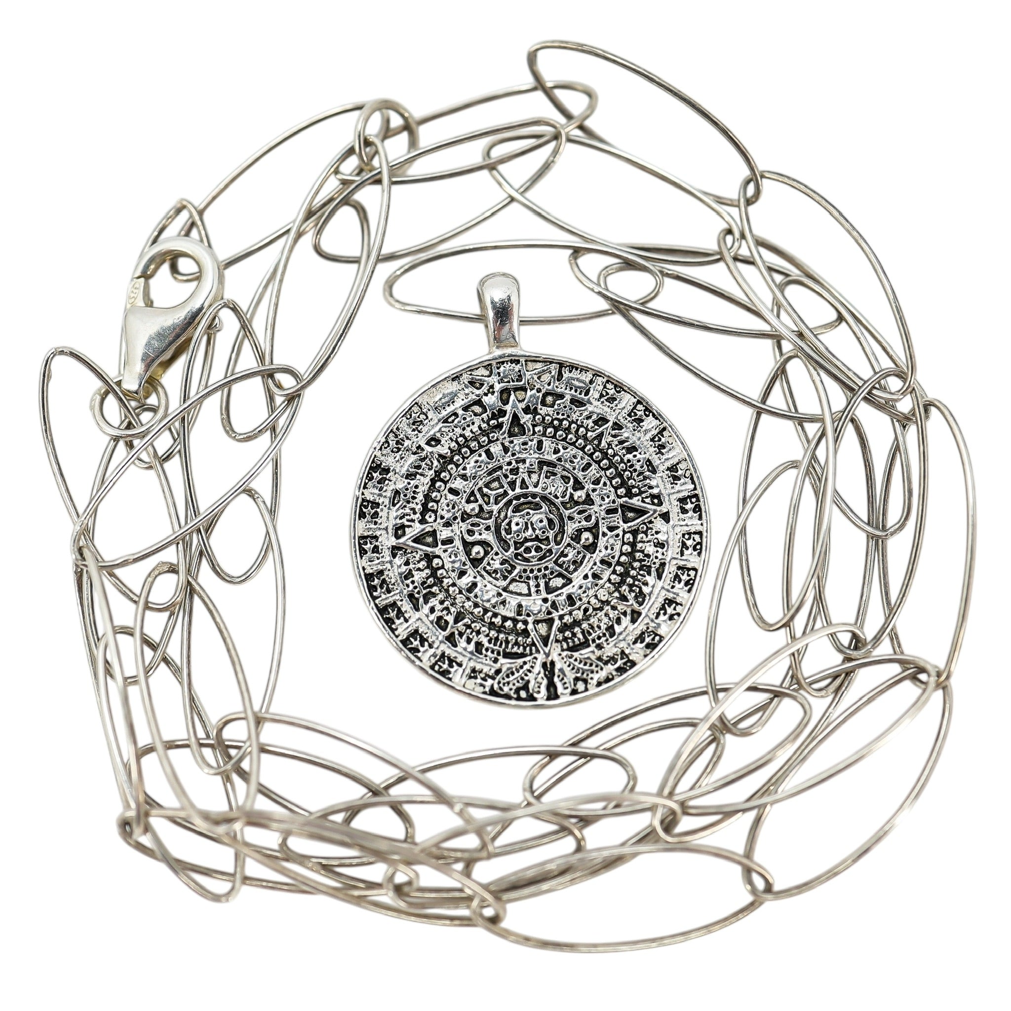 Vintage Handcrafted Sterling Aztec Calendar Pendant Necklace On Paperclip Chain