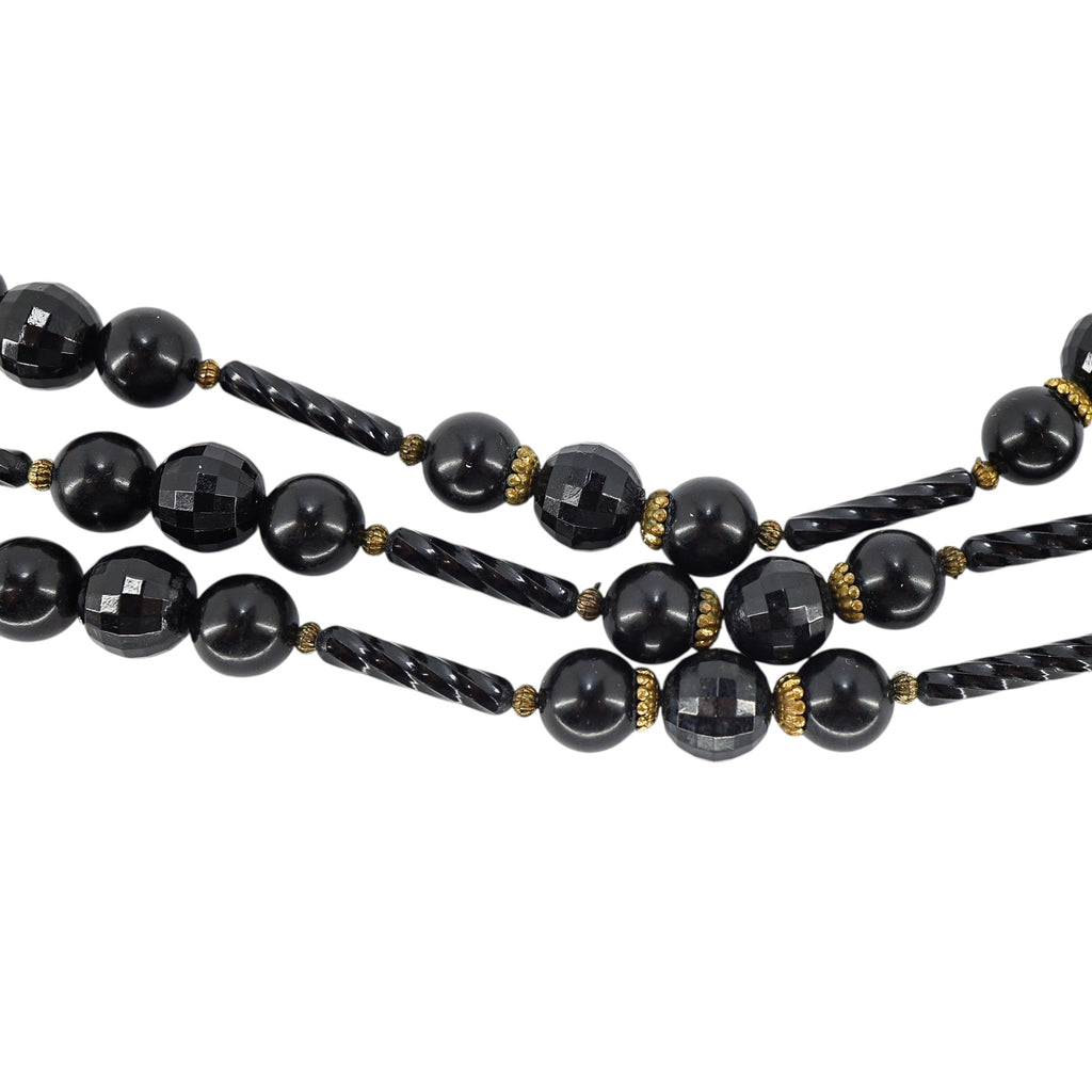 Vintage MCM Cellulose Acetate Ornate Black Beaded 3 Strand Necklace