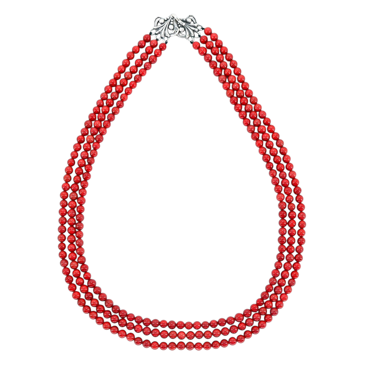 Vintage NOS Pacific Oxblood Coral Beads - 3-Strand Necklace Ornate 925 Clasp