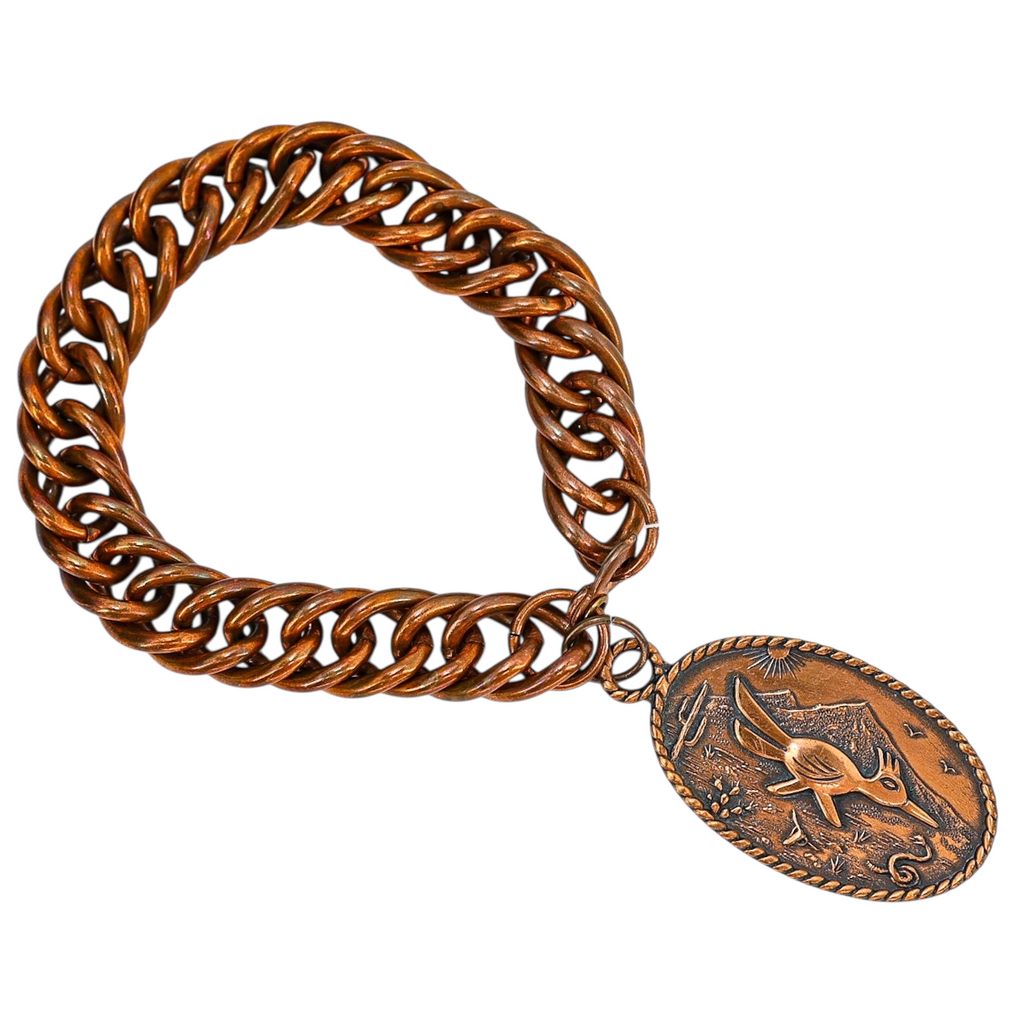 Vintage Solid Copper Curb Chain Bracelet with Bell Trading Post Roadrunner Charm – Southwestern Style