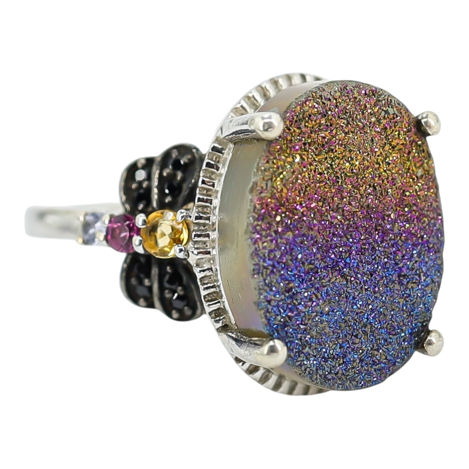 Signed STS Sterling Silver Rainbow Druzy Quartz Statement Ring – Size 7